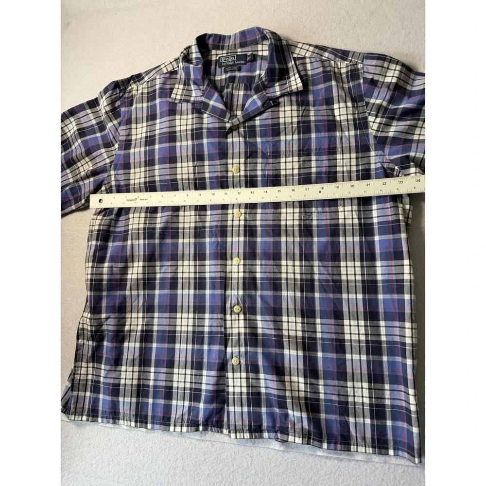 Vtg Polo Ralph Lauren Andy Camp Shirt Mens L Blue Plaid Short Sleeve Button Up